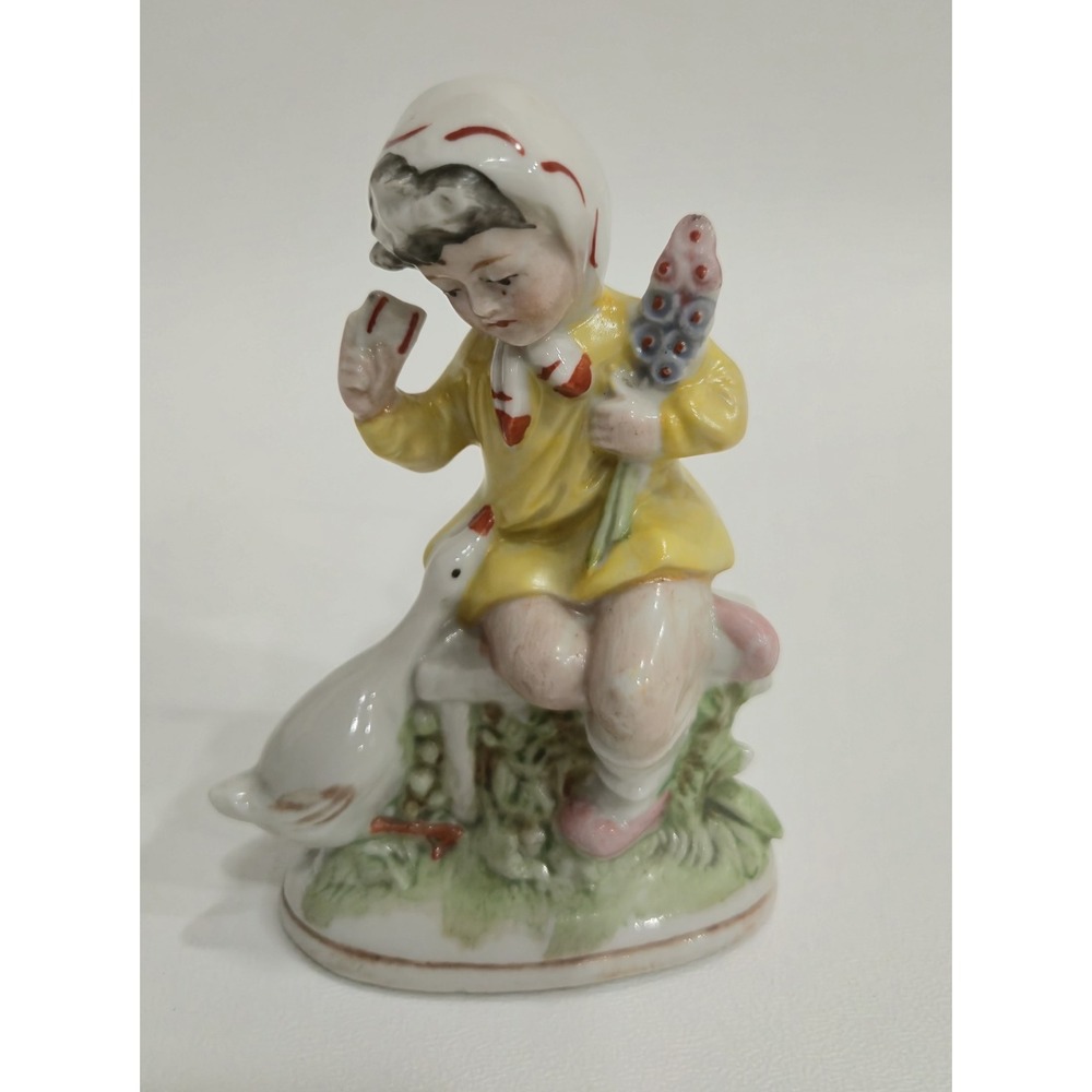 Vintage Germany Porcelain Girl with Goose On Bench Figurine German Pottery